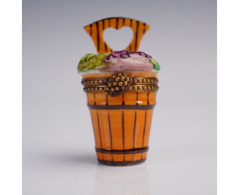 Charming hand-painted Limoges porcelain trinket box modelled as a  harvest basket with a heart-shaped handle, its hinged lid 