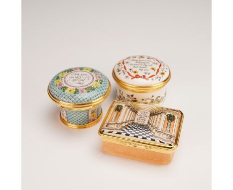 This charming trio of Halcyon Days enamel boxes offers a heartfelt celebration of meaningful occasions and timeless sentiment