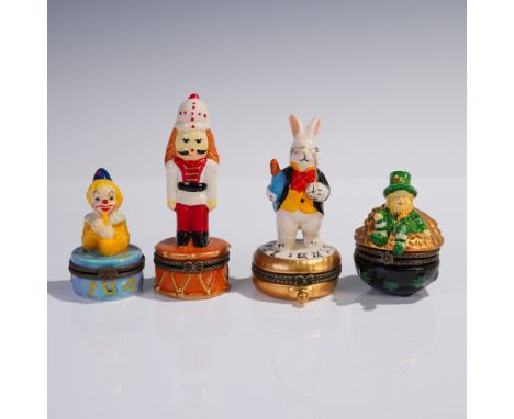 4-piece figural porcelain trinket box lot featuring a whimsical assortment of unmarked miniature hinged boxes. Includes a mus