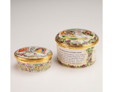 A richly decorated pair of Halcyon Days Enamels boxes, each celebrating significant historical and cultural legacies through 