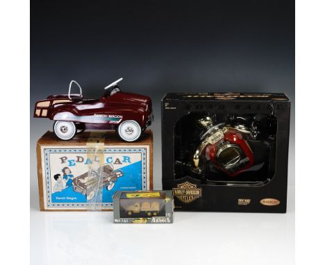 This lot features a nostalgic 3-piece vintage toy vehicle collection including two die-cast metal Xonex pedal cars and a boxe