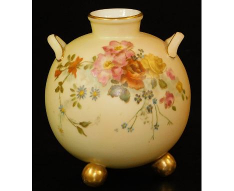 A Royal Worcester blush ivory globular vase, on bun feet, shape code 415, 1895, 9cm H.  There is no apparent damage or restor