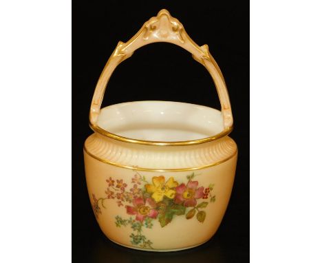 A Royal Worcester blush ivory circular cauldron, with over sailing handle, flower painted, shape code 1880, 1897, 10cm H.  Th
