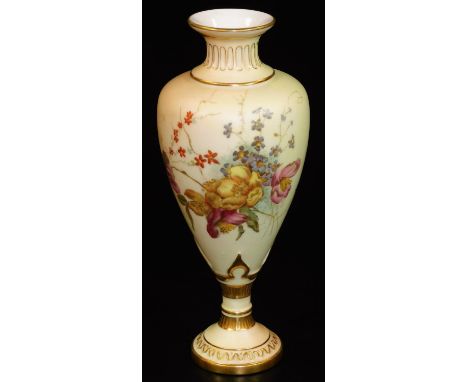 A late 19thC Royal Worcester blush ivory porcelain vase, of shouldered form, with inverted stem, on circular foot, handpainte