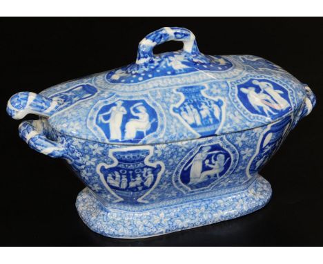 A good blue and white pottery tureen, cover and ladle, decorated with classical figures on a floral ground, c1815, 18cm W.  T