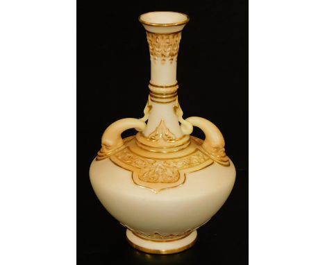 A late 19thC Royal Worcester porcelain blush ivory two handled vase, with cylindrical stem, bellied circular body, and circul