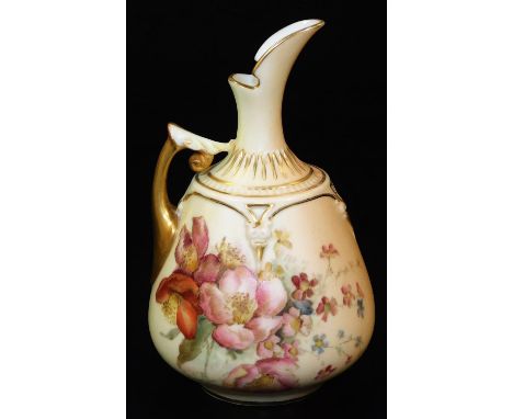 A late 19thC Royal Worcester blush ivory porcelain ewer, with shaped spout, angular handle and inverted circular body, handpa