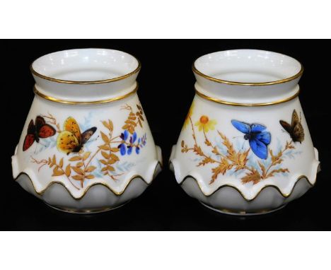 A pair of Royal Worcester blush ivory small squat vases, shape code 991, decorated with butterflies, green marked, 1895, 8cm 