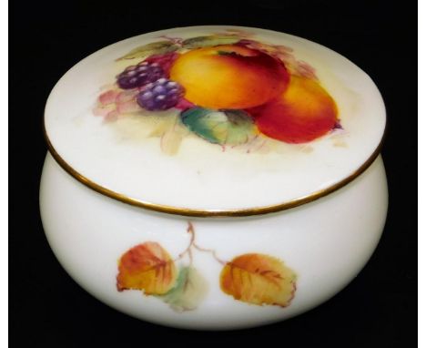 A Royal Worcester porcelain jar and cover, handpainted with autumnal fruits, blackberries and apples with leaves, 1926, print