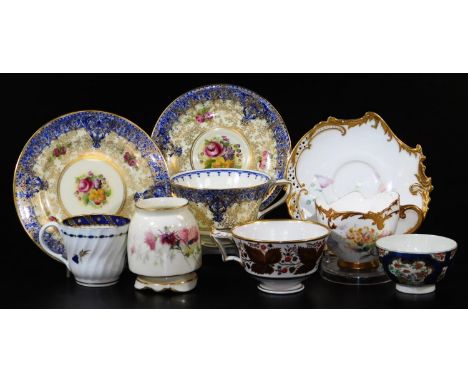 Various cabinet cups and saucers, a Royal Worcester handpainted floral cup and saucer, 14cm W, further Worcester and Caughley