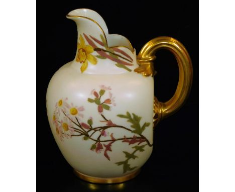 A Royal Worcester blush ivory ewer, decorated with polychrome flowers, shape code 1094, c1892, 16cm H.  There is no apparent 