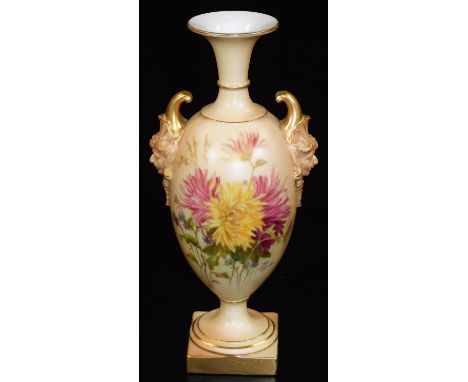 A Royal Worcester blush ivory tall satyr vase,  decorated with flower groups, shape code 1716, 1905, 20.5cm H.  There is no a