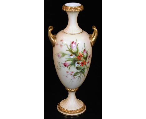 A early 20thC Royal Worcester blush ivory vase, of classical form with inverted reeded neck, shaped handles and shouldered bo