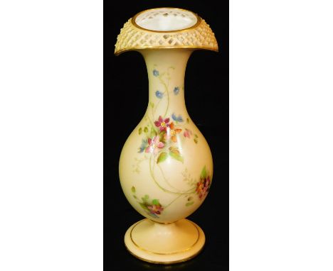 An unusual Royal Worcester blush ivory vase, with pierced rim, shape code G1071, c1896, 15cm H.  There is no apparent damage 