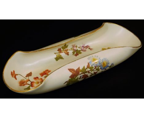 A Royal Worcester blush ivory tray, decorated with flowers, 1891, 27cm W.  There is no apparent damage or restoration upon in