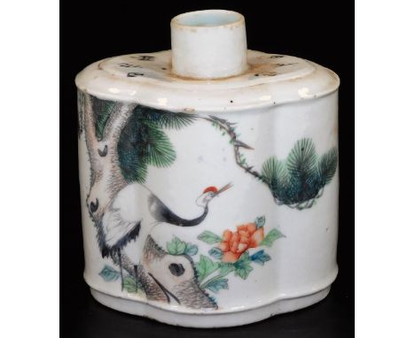 A Chinese porcelain tea caddy, of lobed oval form, decorated with scenes, exotic birds, buildings and hills, in green and bla