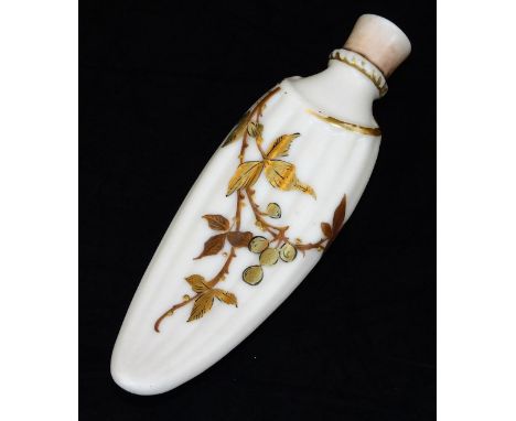 A Royal Worcester blush ivory scent bottle, of fluted and concave form, decorated with gilt and brown vines, c1900, 8.5cm H. 