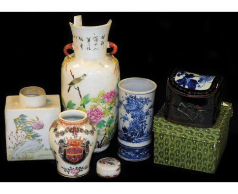 Various Chinese porcelain, a tea caddy of shouldered square form, decorated with various flowers in pink and green with vario