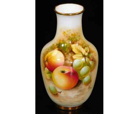 A Royal Worcester porcelain vase, of shouldered form, handpainted with grapes and apples, shape no. 2491, 1959, 13cm H.  Ther