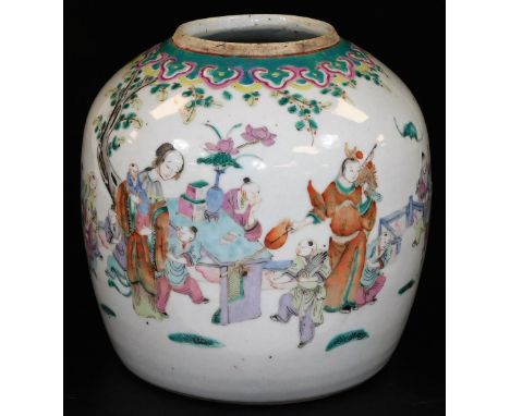 A globular Chinese porcelain jar, decorated in multicoloured enamels with mother and many children in a garden, below ruyi bo