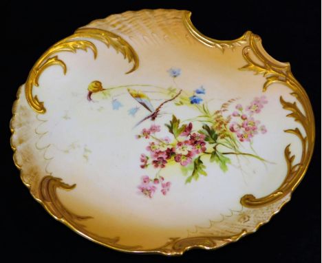 A Royal Worcester blush ivory plate, decorated with flowers and insects, shape code 1427, c1900, 22cm Dia.  There is no appar
