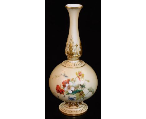 A late 19thC Royal Worcester blush ivory vase, with shaped stem, bulbous body and circular foot, handpainted with summer flow