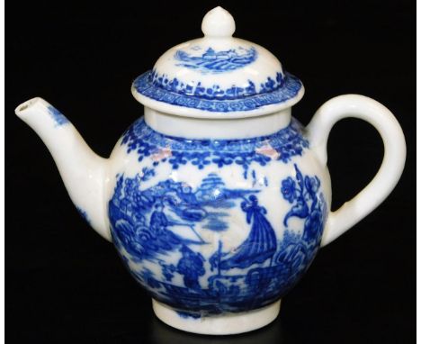 A Caughley miniature teapot and cover, printed with the fisherman pattern, c1780, 8cm H.  There is no apparent damage or rest