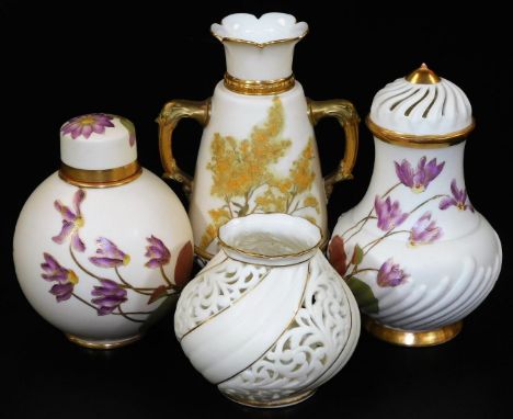 Various Royal Worcester blush ivory porcelain, to include 19thC jar and cover of globular form, handpainted with flowers on a