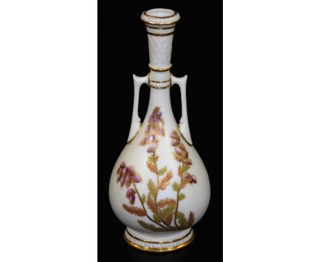 A Royal Worcester blush ivory slim necked vase, decorated with heather in puce, red and green, shape code 942,  c1890, 17cm H