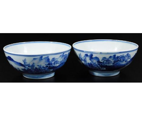 A pair of 19thC Chinese blue and white porcelain bowls, each of circular form, profusely decorated with figures, mountains, t