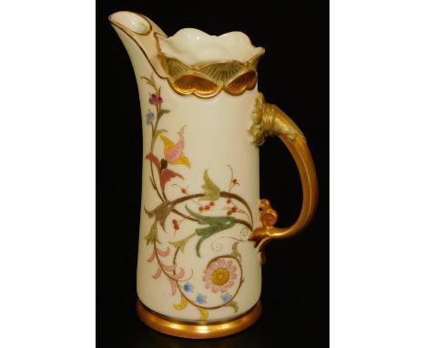 A Royal Worcester blush ivory tall jug, decorated with stylized flowers and grapes, shape code 1229, puce marked, 1892, 15cm 