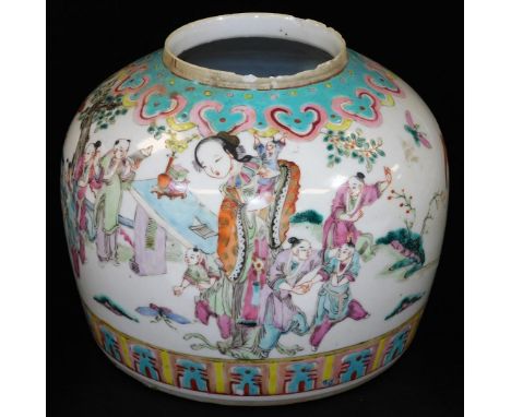 A Chinese porcelain jar of globular form, decorated with figures in a garden in pink, green and orange between lappet and ruy