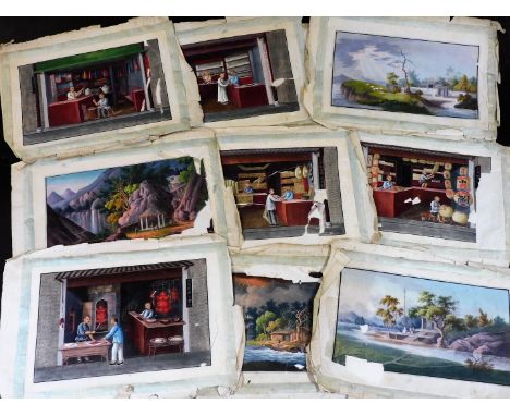 Various Chinese 19thC paintings on paper, to include a variety of shop scenes including milliners, lantern makers, umbrella m