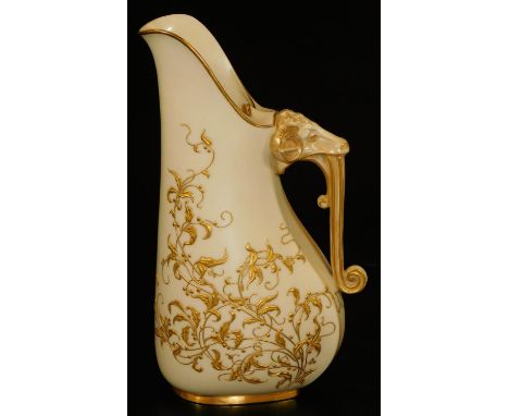 A Royal Worcester blush ivory ewer, decorated in raised patera gilding, c1892, 21cm H.  There is no apparent damage or restor