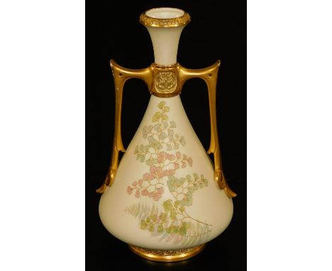 A Royal Worcester blush ivory two handled vase, decorated with tooled ferns, shape code 1021, puce marked, 25cm H.  There is 