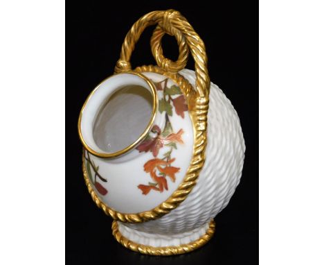 A 19thC Royal Worcester blush ivory porcelain salt box, of typical form, with rope twist handle, on circular foot, handpainte