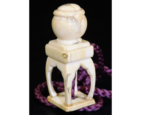 An early 19thC Japanese ivory netsuke, carved as a koro on stand, 5.1cm H.   There is no apparent damage or restoration upon 