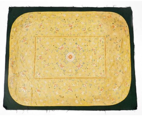 A Chinese Imperial yellow ground rectangular silk throne seat cover finely embroidered in blue, orange, brown, green, cream, 