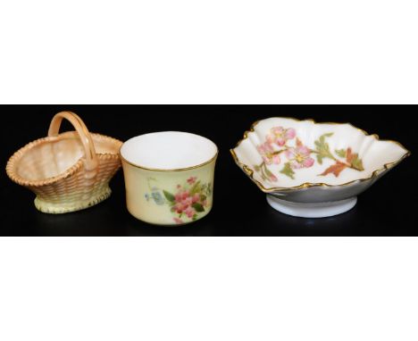 Royal Worcester blush ivory items, comprising a small basket, c1896, small pin tray, shape code 1345, c1890 and a small bowl,