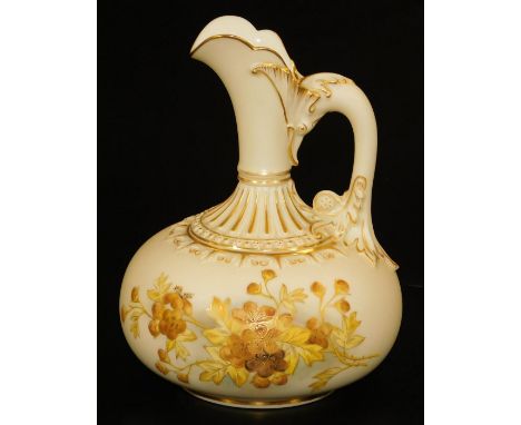 A Royal Worcester blush ivory squat ewer, decorated in gilt and yellow flowers, shape code 1136, 1878,16cm H.  There is no ap