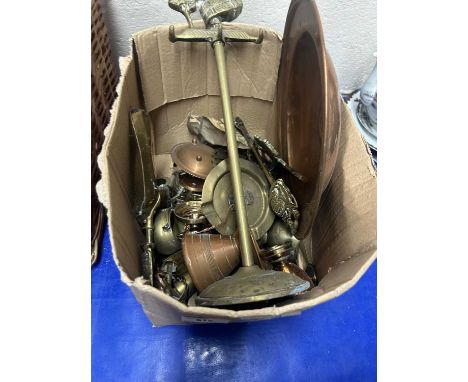 Box of various assorted brass and copper wares to include various miniature pieces, fire tools etc