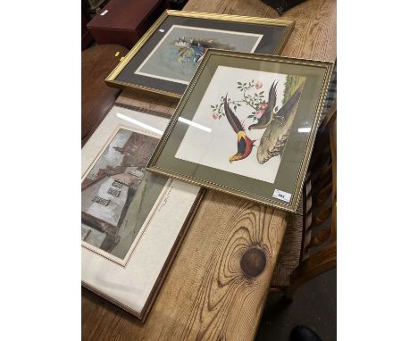 Mixed Lot: Graham Austin, study of a Nuthatch, an Oriental print of pheasants and Hewitt, a study of Woodbridge (3)