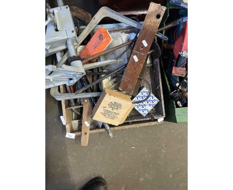 One box of assorted tools, wall brackets etc