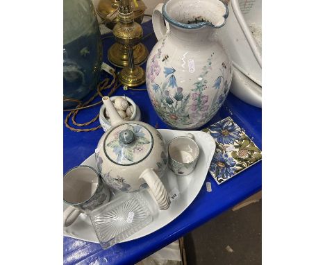 Mixed Lot: Tain Pottery jug and other table wares, a reproduction tile teapot stand and other items