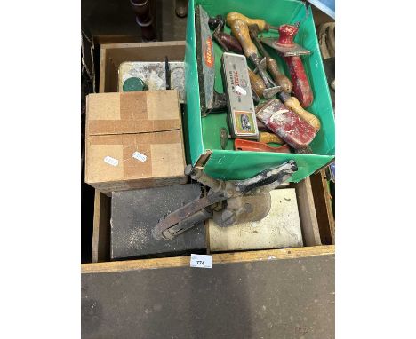One box of assorted tools, brass blow lamp etc