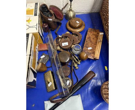 Mixed Lot: An olive wood travelling candlestick, cased binoculars, brass bell and other assorted items