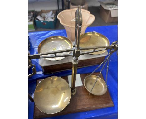Pair of vintage brass beam scales together with further marble topped scales (2)