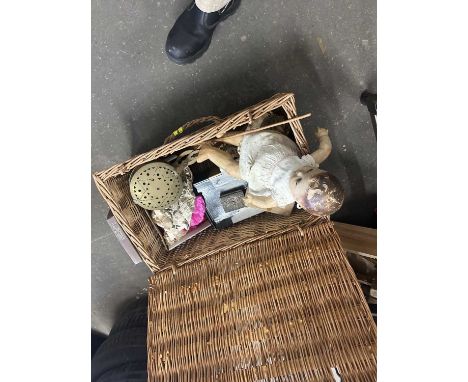 Wicker hamper containing brass chestnut roaster, vintage celuloid doll, dolls tea set and other items
