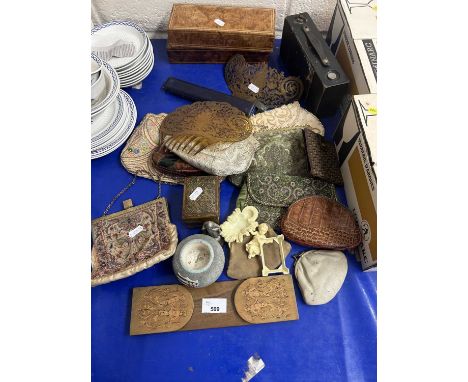 Mixed Lot: Vintage evening bags, vester striker, hair pieces, inlaid boxes etc