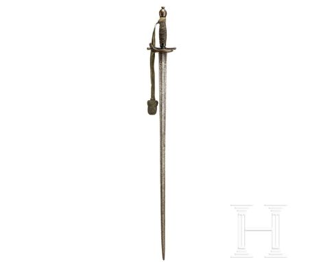 Degen für Offiziere der Kavallerie, um 1720  Kräftige, gerade Stichklinge (narbig, etwas schartig) mit abgeflachtem Mittelgra